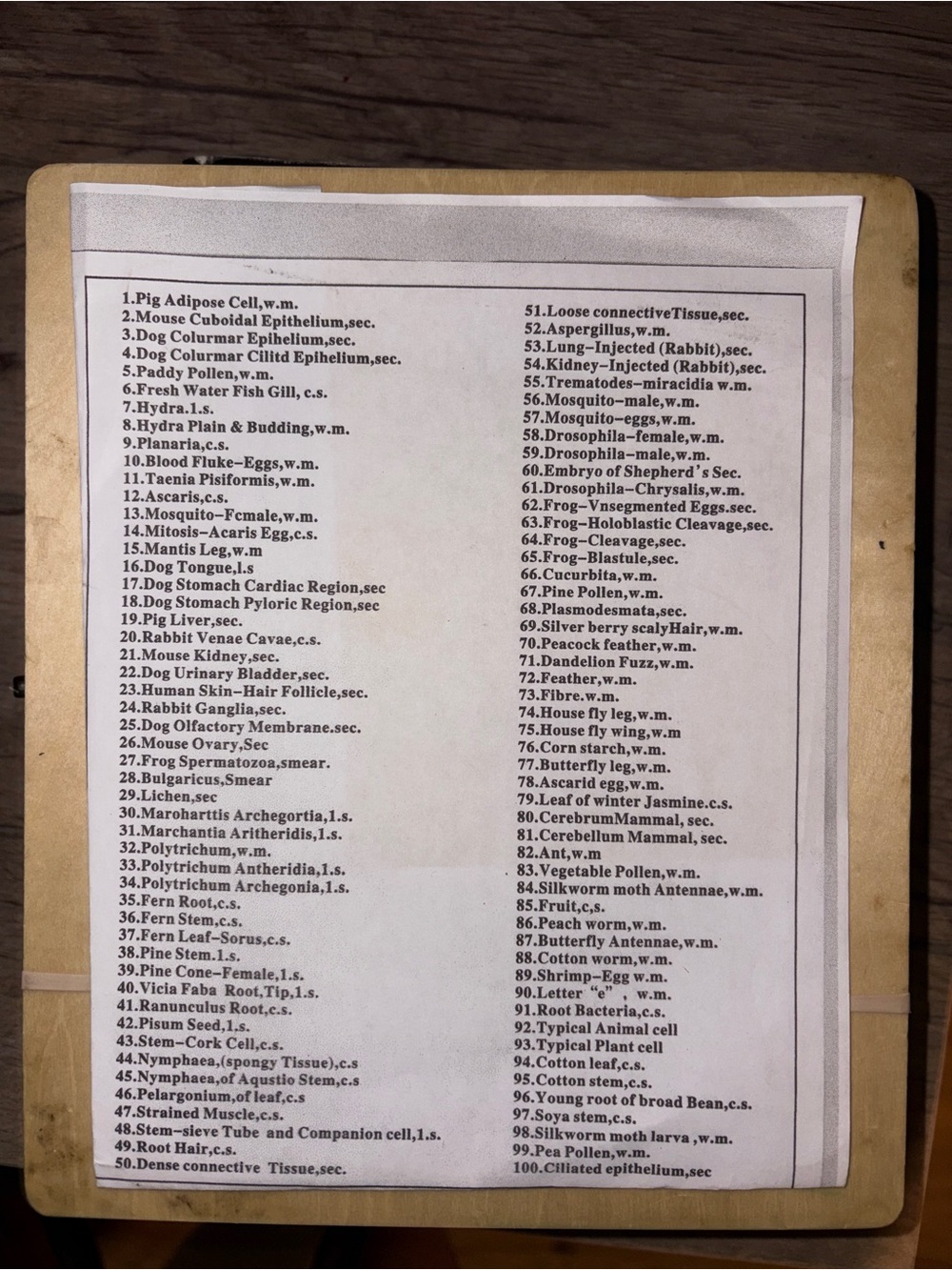 Microscope Specimens - included Slide Reference List